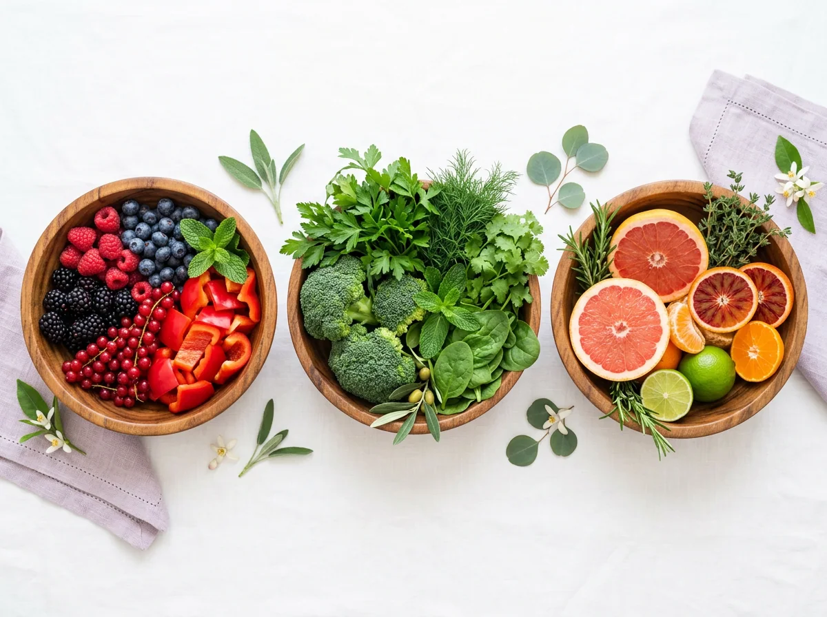 Kleurrijke houten schalen met vers fruit en groenten - vitaminen voor een gezonde stofwisseling