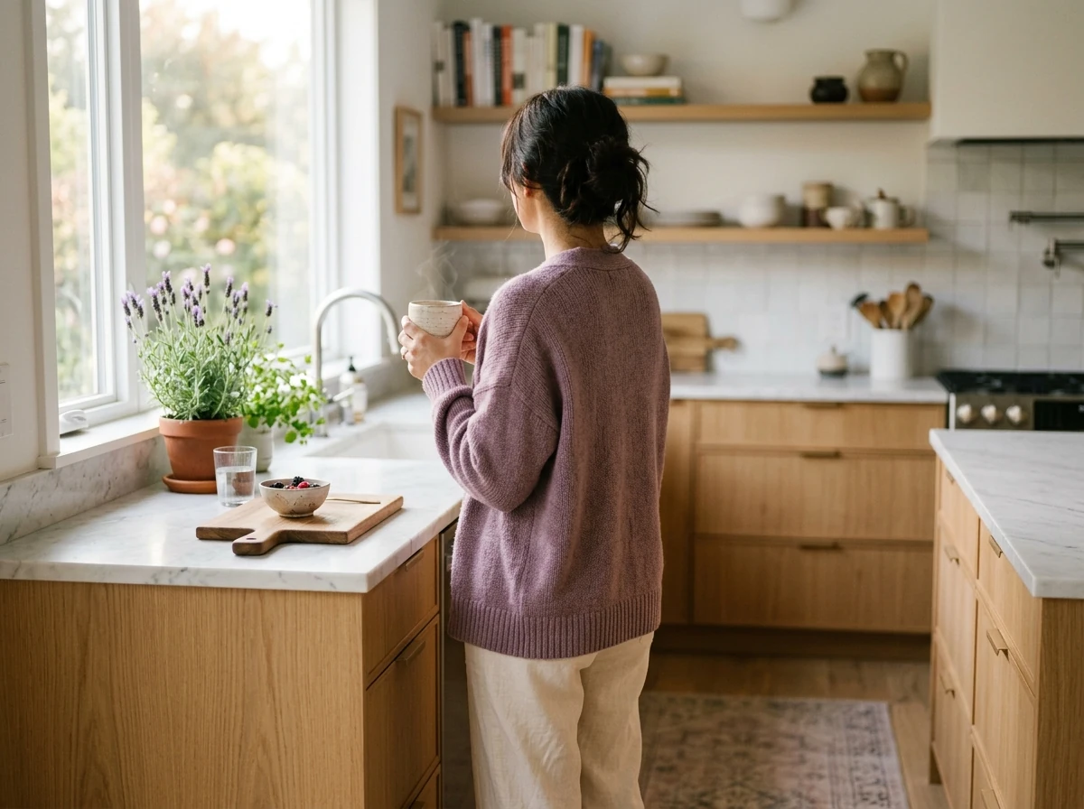 Anonieme vrouw van achteren in moderne keuken - ochtend welzijnsroutine, actieve leefstijl